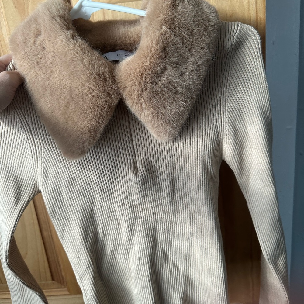 Fur collar camel knit sweater ZARA